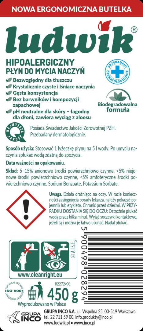 Ludwik płyn do naczyń hipoalergiczny 450g Ludwik płyn do naczyń hipoalergiczny 450g