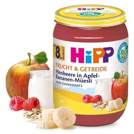 HIPP BIO DESEREK Jabłka z bananami Malinami i musli 190g DESER słoiczek 8m+ HIPP BIO DESEREK Jabłka z bananami Malinami i musli 190g DESER słoiczek 8m+