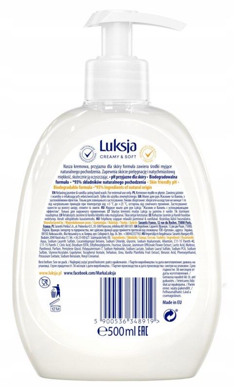 Luksja Creamy & Soft Kremowe Mydło w płynie Jaśmin i Wanilia 500ml Luksja Creamy & Soft Kremowe Mydło w płynie Jaśmin i Wanilia 500ml