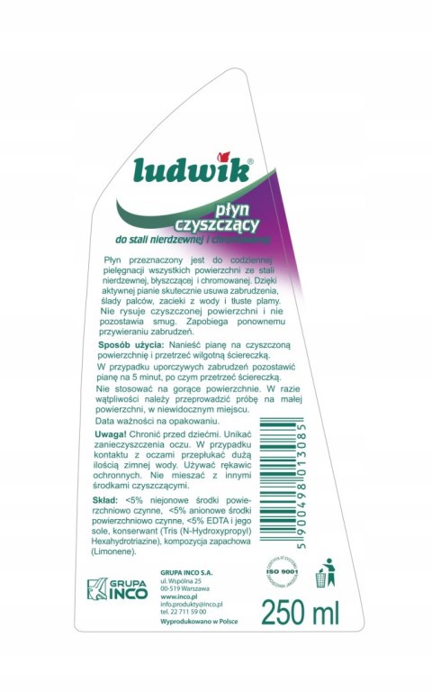 LUDWIK Płyn czyszczący do stali chromowanej 250 ml LUDWIK Płyn czyszczący do stali chromowanej 250 ml