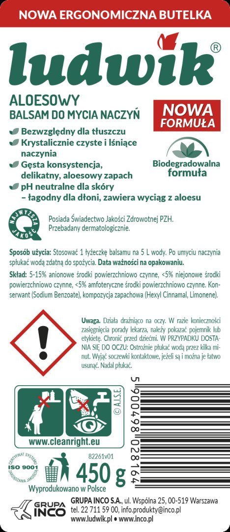 Ludwik, płyn do naczyń, aloesowy, 450 ml Ludwik, płyn do naczyń, aloesowy, 450 ml